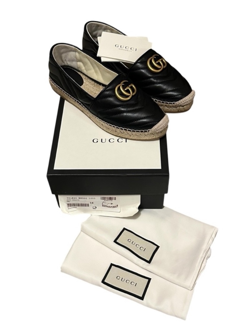 NWT GUCCI Charlotte GG Black Quilted Leather Espadrille Flats EU 8 - Picture 13 of 13